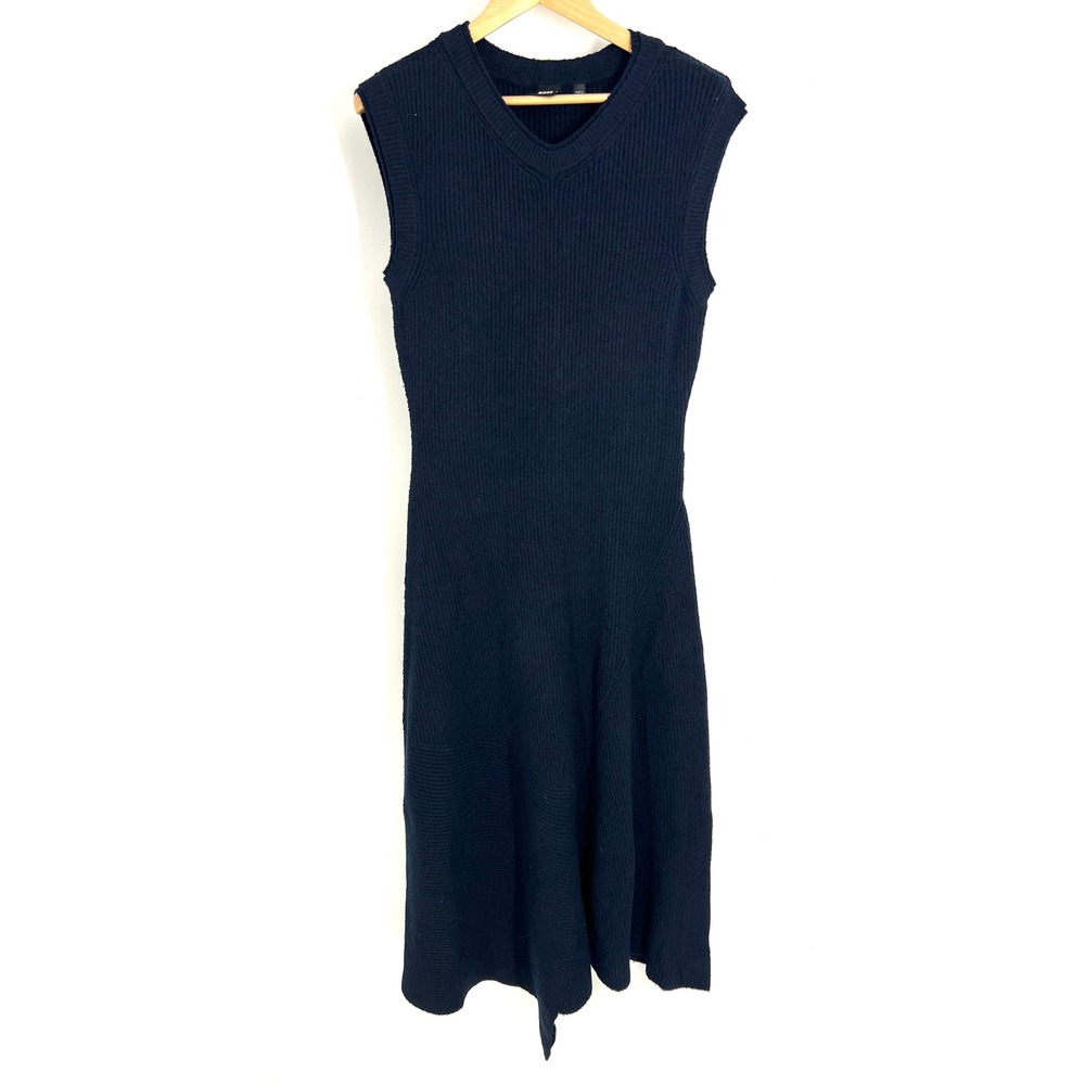 Hugo Boss Womens Navy Ribbed VNeck Sleeveless Asymmetrical Sweater Midi Dress XL